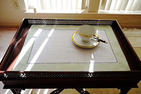 White Hemstitch Placemat 14"x20". Sea Crest Green color border
